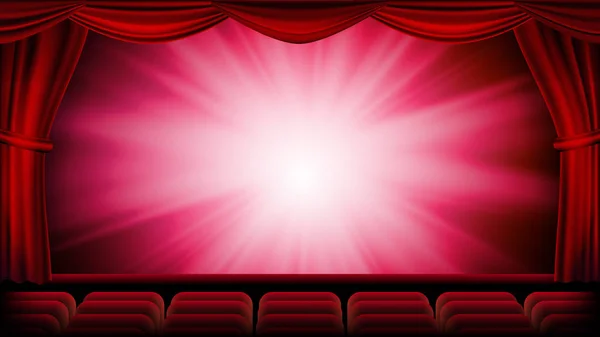 Red Theater Curtain Vector. Red Background. Theater, Opera Or Cinema Closed Scene. Banner, Placard, Poster Template. Realistic Red Drapes Illustration — Stock Vector