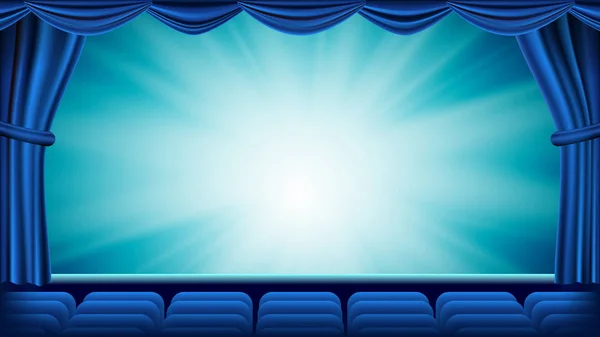 Blue Theater Curtain Vector. Theater, Opera Or Cinema Empty Silk Stage, Red Scene. Blue Background. Banner, Placard, Poster Template. Realistic Illustration — Stock Vector