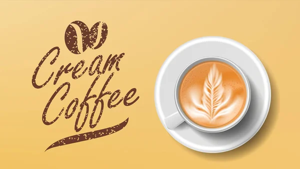 Kopp kaffe vektor. Orange bakgrund ovanifrån. Grädde kaffe mugg. Koffein varm dryck. Illustration — Stock vektor