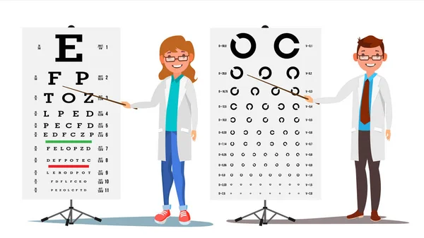 Oftalmologia Doctor Set Vector. Feminino, Masculino. Diagnóstico Médico do Olho. Gráfico de testes oculares na clínica. Diagnóstico de Miopia. Conceito de Medicina. Ilustração plana isolada dos desenhos animados —  Vetores de Stock