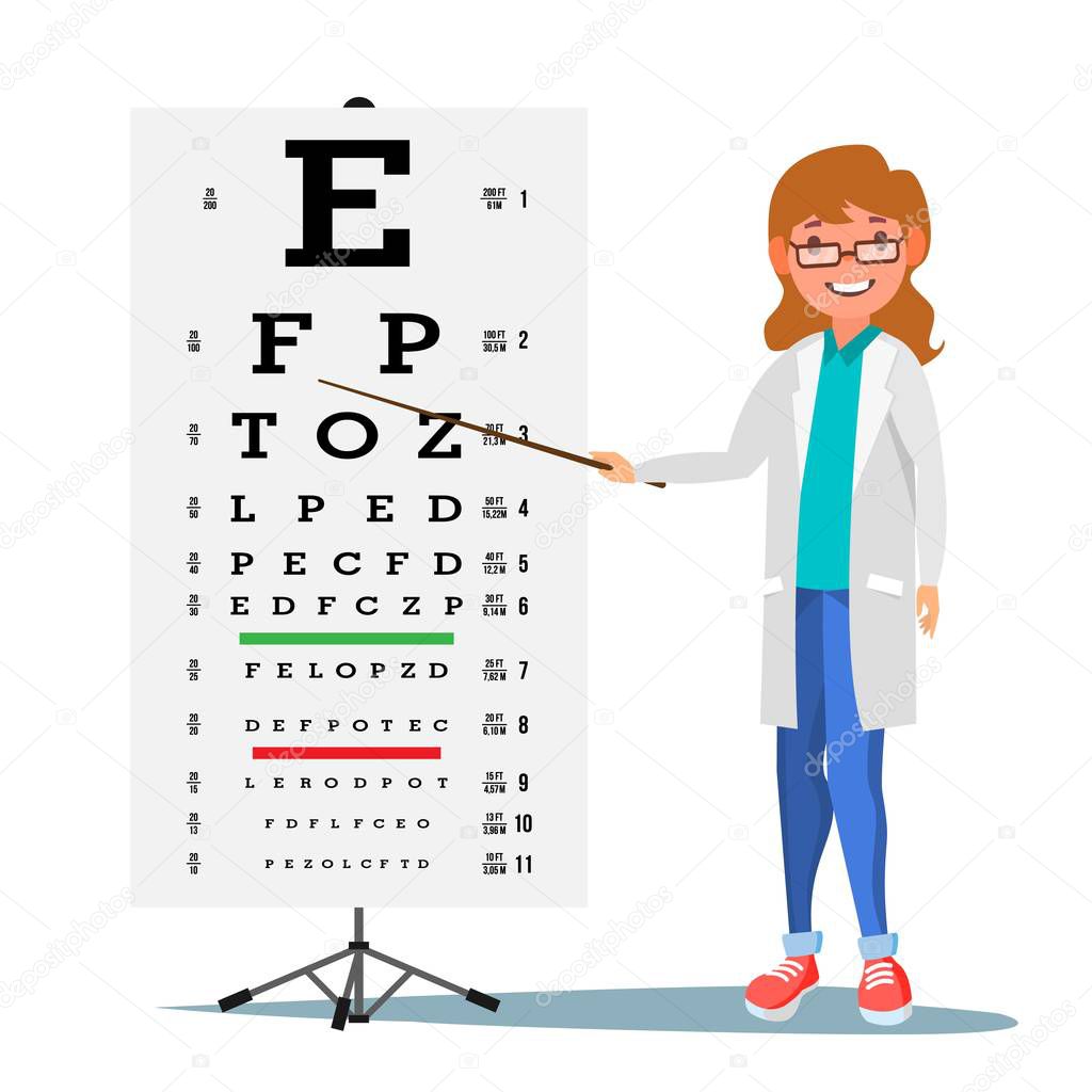 Female Ophthalmology Vector. Medical Eye Diagnostic. Doctor And Eye Test Chart In Clinic. Eyesight Acuity Exam Diagnostic Of Myopia. Vision Exam. Medicine Concept. Isolated Flat Cartoon Illustration