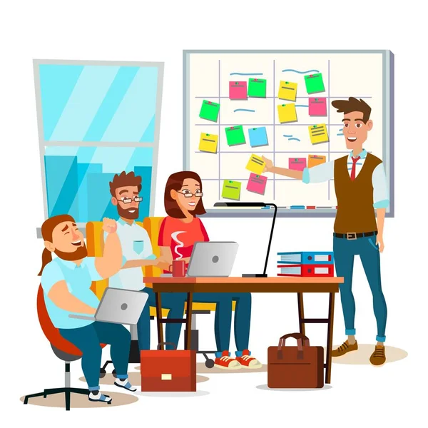Business Characters Scrum Team Work Vector. Office Tasks Process. Scrum Planning Board. Whiteboard And Process Teamwork. Programming And Planning. Scheme Methodology. Flat Cartoon Illustration — Stock Vector