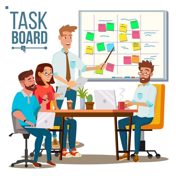 İş karakter takım iş vektör. Takım çalışması Scrum panosu planlama. Bu başlangıç. Düz çizgi film illüstrasyon izole