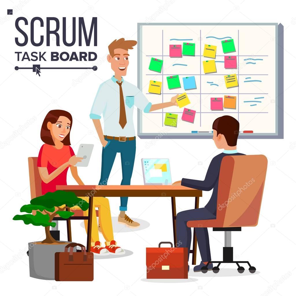 Business Characters Scrum Team Work Vector. Teamwork Scheme Planning On Whiteboard. Team Room Full Of Tasks On Sticky Note Cards. Isolated Flat Cartoon Illustration