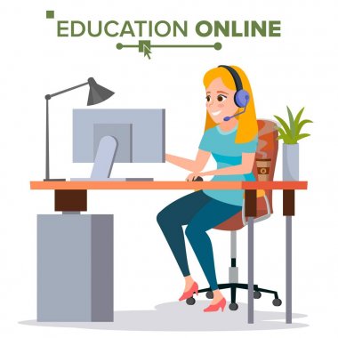 Eğitim Online vektör. Genç yakışıklı kadın oturan kulaklıklar. Eve Online eğitim kursu. Modern eğitim teknolojisi. Yalıtılmış düz çizgi film illüstrasyon