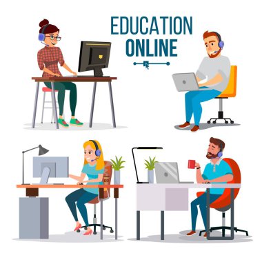 Eğitim Online kavramı vektör. Online Eğitim Servisi, ders kullanan kişiler. E-öğrenme kavramı. Yalıtılmış düz çizgi film illüstrasyon