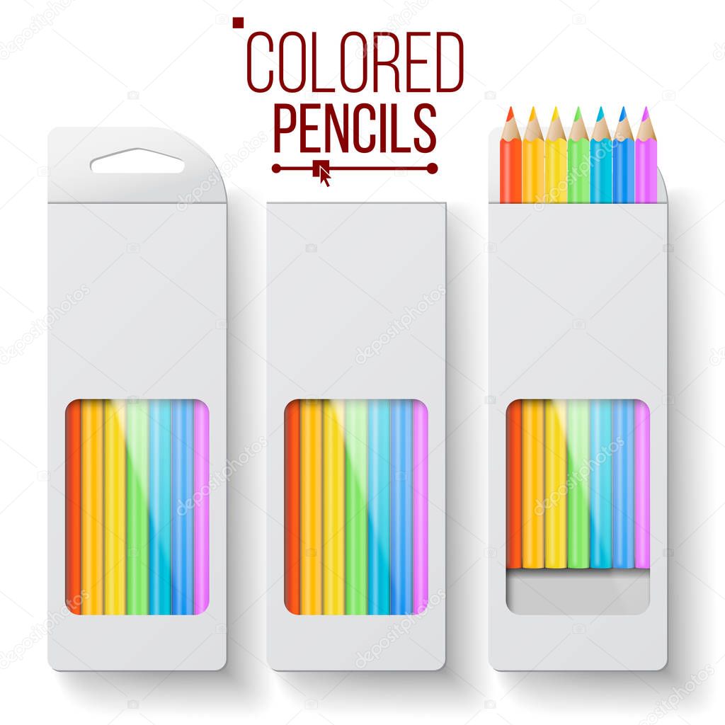 Colored Pencils Packaging Vector. Wooden Pencil Paper Box Top View. Branding Design Template. Isolated Realistic Illustration