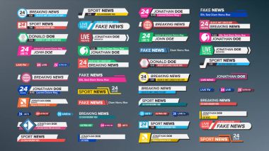 TV haber çubukları vektör ayarlayın. Haberler son dakika, spor. Medya televizyon yayını için etiket Etiketler. İzole illüstrasyon