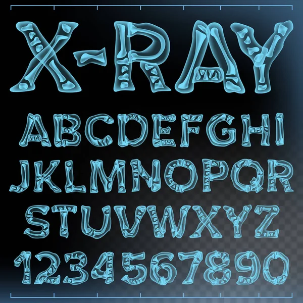 X 선 글꼴 벡터입니다. 투명 한 뢴트겐 알파벳입니다. 방사선과 3d 스캔. Abc입니다. 블루 뼈입니다. 의료 인쇄 술입니다. 수도 글자와 숫자 고립 된 그림 — 스톡 벡터