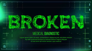 Kırık afiş vektör. Tıbbi geçmişi. Şeffaf Roentgen x-ışını metin kemikleri. Radyoloji 3d tarama. Tıbbi sağlık tipografi. Fütüristik teknoloji illüstrasyon