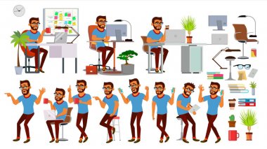 İş adam karakter vektör. Çalışma Hindu insanlar kümesi. Office, yaratıcı stüdyo. Sakallı. İş durumu. Yazılım geliştirme. Programcı. Pozlar, duygular. Çizgi film karakteri illüstrasyon