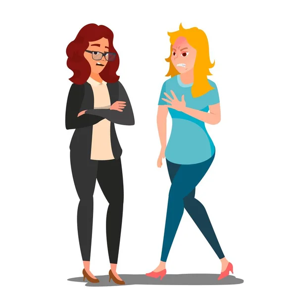 Quarrel Women Vector. Office Workers Characters. Conflict. Disagreements. Negative Emotions. Quarreling People. Angry Man And Woman. Dispute. Shouting. Isolated Flat Cartoon Illustration — Stock Vector