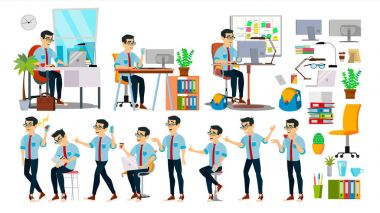 İş adam karakter vektör. Çalışma Asya insanlar kümesi. Office, yaratıcı stüdyo. Asyalı. İş durumu. Yazılım geliştirme. Programcı. Pozlar, duygular. Çizgi film karakteri illüstrasyon