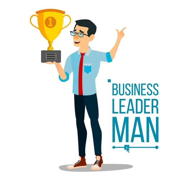 Attainment Achievement Concept Vector. Businessman Leader Holding Winner Cup. Entrepreneurship, Accomplishment. Best Worker, Achiever. Modern Office Employee, Manager Celebrating Success. Illustration — Stock Vector