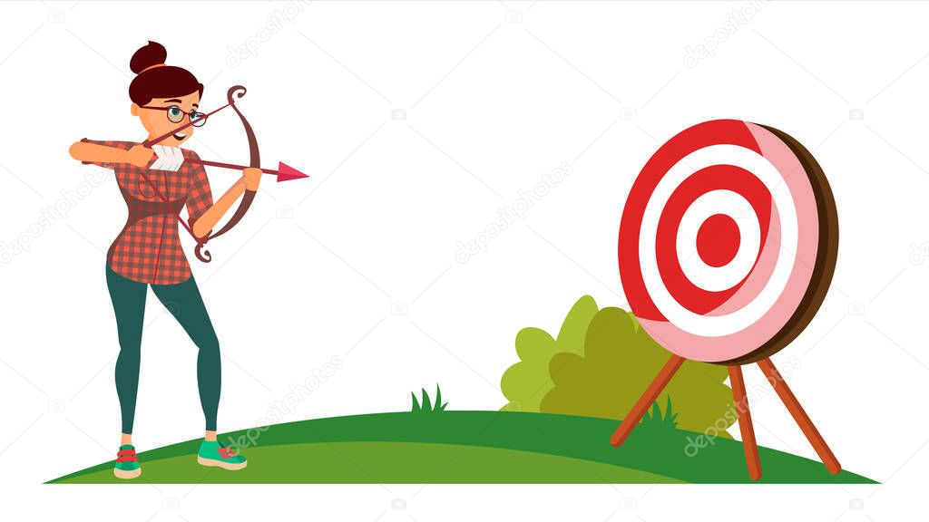 Attainment Winner Concept Vector. Business Woman Shooting From A Bow In A Target. Objective Attainment, Achievement, Success, Leadership. Flat Cartoon Illustration