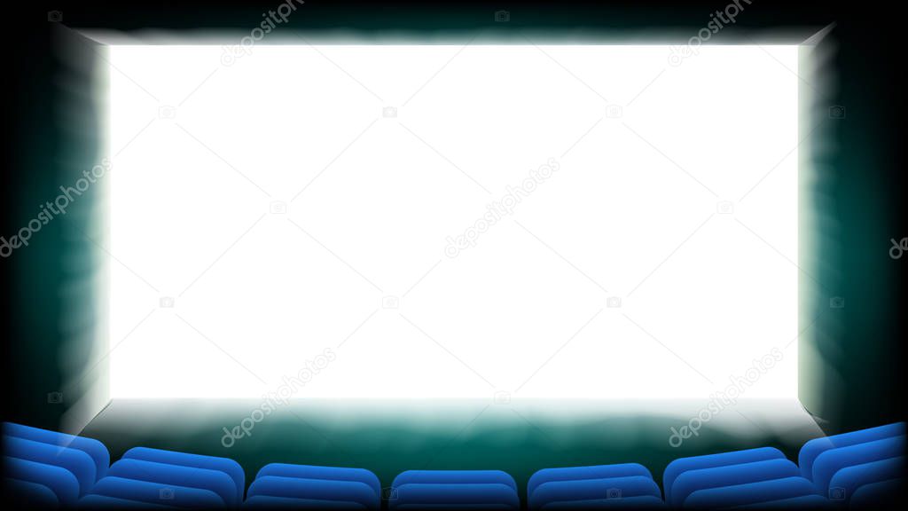 Screen Movie Cinema Vector. Cinema Hall With Blue Seats. Illustration