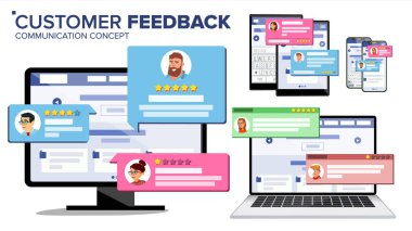 Müşteri inceleme sayfasına bilgisayar monitör, dizüstü bilgisayar, Tablet, hareket eden telefon vektör. Müşteri Testimonials. Web sitesi derecelendirme geri bildirim ve eleştiri kavramı. Düz illüstrasyon izole