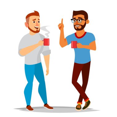 Erkekler vektör söz. Arkadaşlar, Office iş arkadaşları gülüyor. Erkek iletişim. Toplantı. Sohbet, analiz kavramı. İş kişi. Fikir alışverişi. Düz çizgi film illüstrasyon izole