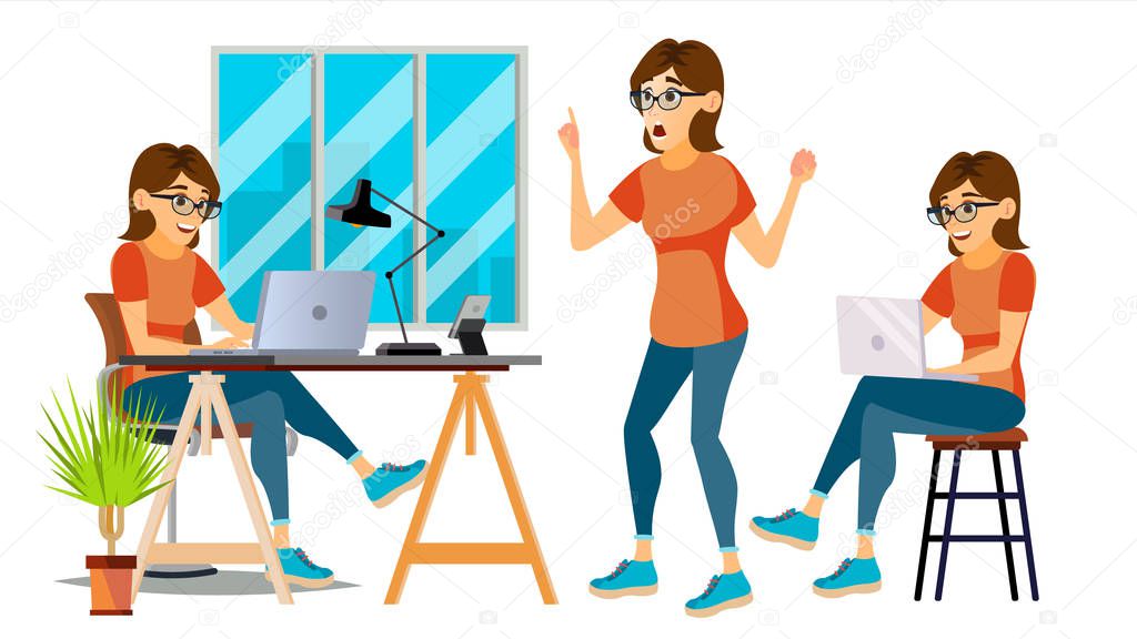 Business Woman Character Vector. Environment Process. Lady In Various Poses. Creative Studio. Cartoon Illustration