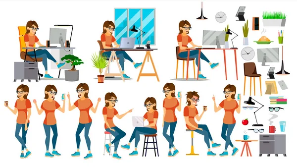 Zakelijke vrouw teken Vector. In actie. Het bedrijf opstarten. Milieu-proces. Planning. Cartoon afbeelding — Stockvector