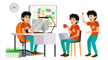 Junior programcı karakter vektör. Web geliştirici programlama. Kodlama, yazılım geliştirme. JavaScript. Pozlar, duygular. Çizgi film iş illüstrasyon