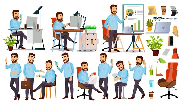 Boss karakter Vector. CEO, directeur, directeur van de vertegenwoordiger. Poses, emoties. Boss vergadering. Cartoon Business illustratie — Stockvector