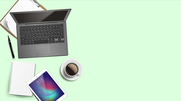 Moderner Hintergrundvektor für Büroarbeitsplätze. Arbeitsprozess Banner. Laptop, Computer, Tastatur, Kaffeetasse, Smartphone, Notebook, Tisch. Illustration zur Inspiration — Stockvektor