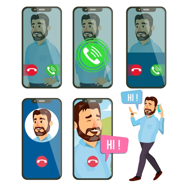 Chiama Vector online. Faccia da uomo. Schermo dello smartphone mobile. Video, chat vocale online. Sono io. Chiamo l'interfaccia applicativa. App chat on-line. Comunicazione. Parlare senza fili. Illustrazione — Vettoriale Stock