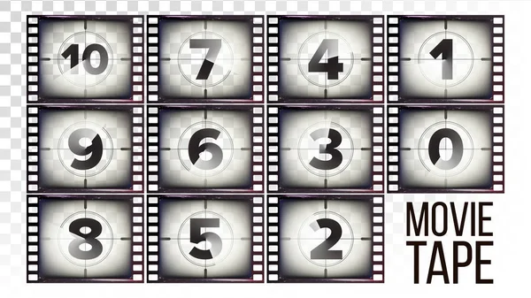 Film Tape Countdown Vector. Zwart-wit bruin Grunge Filmstrip. Van tien naar nul. Geïsoleerd op transparante achtergrond afbeelding — Stockvector