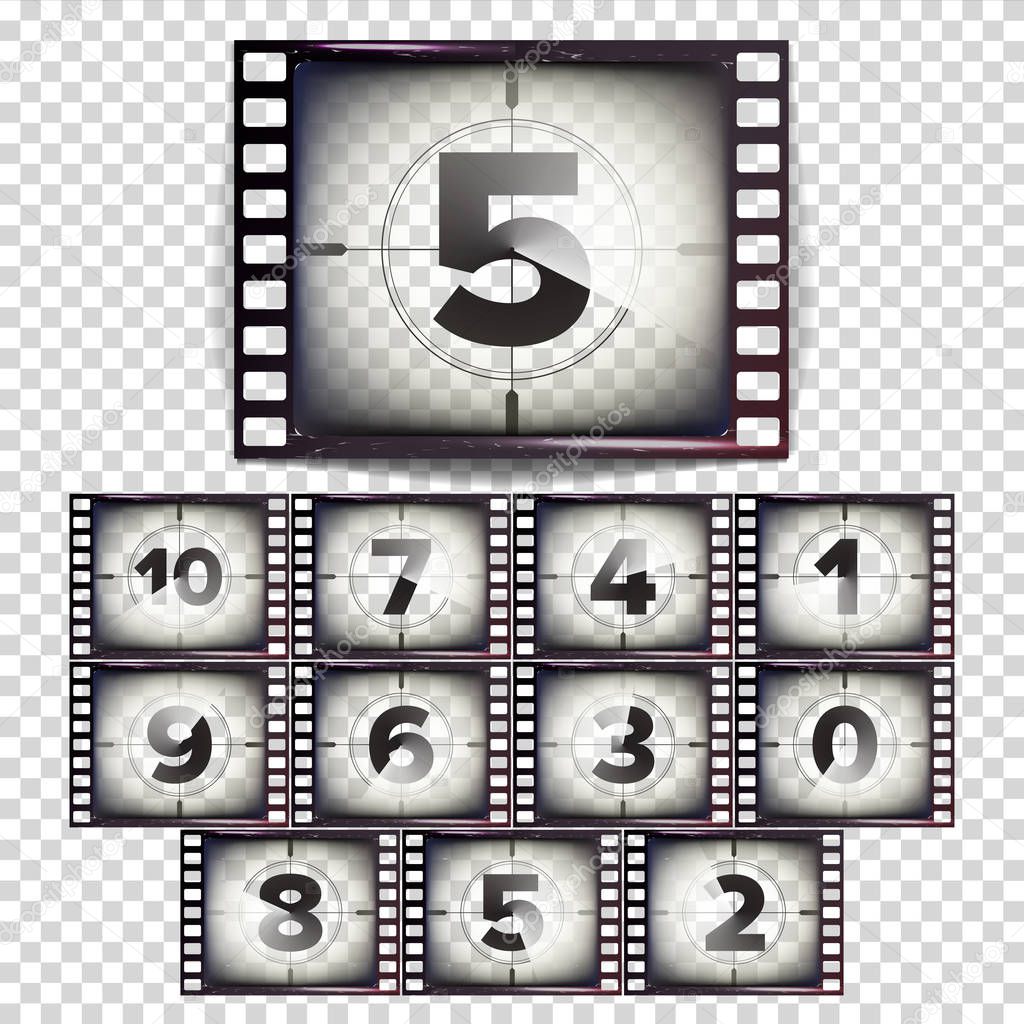 Film Countdown Numbers 10 - 0 Vector. Monochrome Brown Grunge Film Strip. Start Of The Old Film. Isolated On Transparent Background Illustration