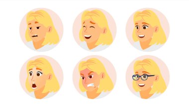 İş kadın Avatar vektör. Sarışın kadın yüzü, duygular küme. Kadın yer tutucu. Modern iş kız Avatar kümesi. Komik yüz sanat illüstrasyon izole