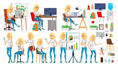 İş kadın karakter vektör. Eylem. Office. Bu başlangıç iş şirket. Sarışın zarif Modern kız. Toplantı. Çeşitli görünümleri. Çevre süreci. Planlama. Karikatür Çizim