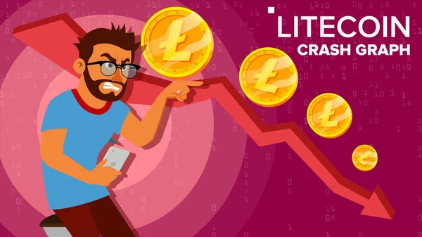 Litecoin Crash Graph Vector. Inversor sorprendido. Comercio de bolsa de crecimiento negativo. Colapso de la moneda criptográfica. Concepto de mercado de divisas Litecoin Crypto. Molestia, Panic. Ilustración plana de dibujos animados — Vector de stock