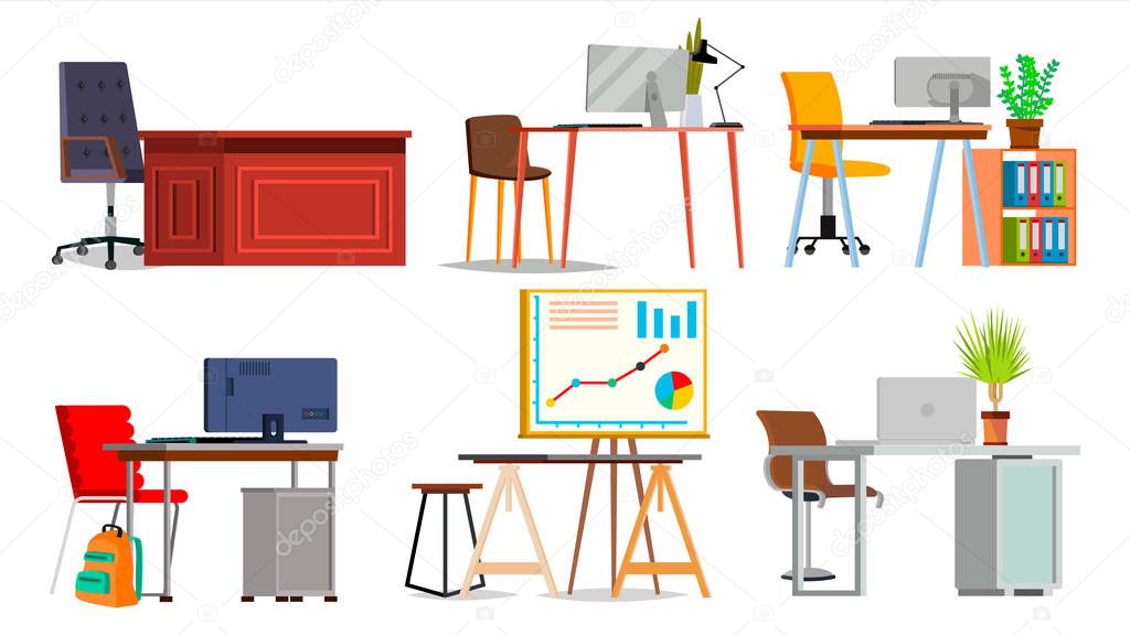 Office Workplace Set Vector. Interior Of The Office Room, Creative Developer Studio. PC, Computer, Laptop, Table, Chair. Interior. Furniture Workplace For Programmer, Designer, Salesman. Isolated Flat