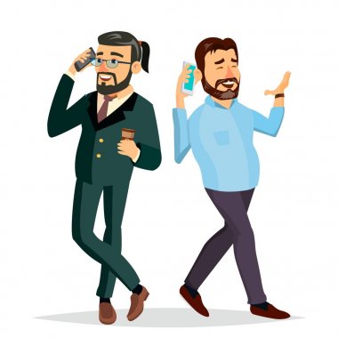 İş erkek birbiriyle telefon vektör konuşmuyor. Ofis arkadaşları, iş arkadaşları. Patron, Ceo. Erkek iletişim. Düz çizgi film karakteri illüstrasyon izole