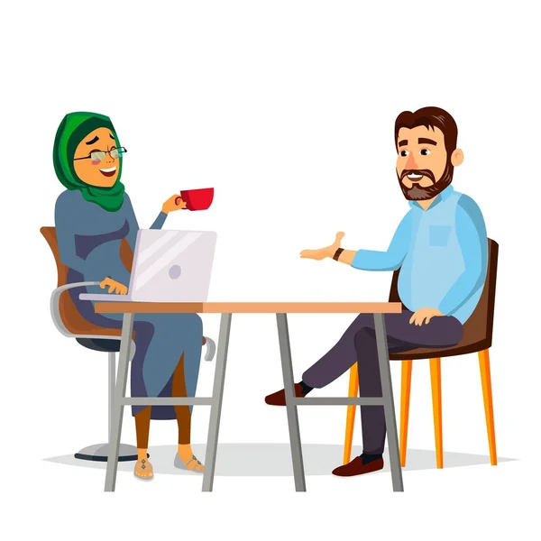 Business People Sitting At The Table Vector. Modern Office. Laughing Friends, Office Colleagues Bearded Man And Muslim Woman Talking To Each Other. Isolated Flat Cartoon Character Illustration — Stock Vector
