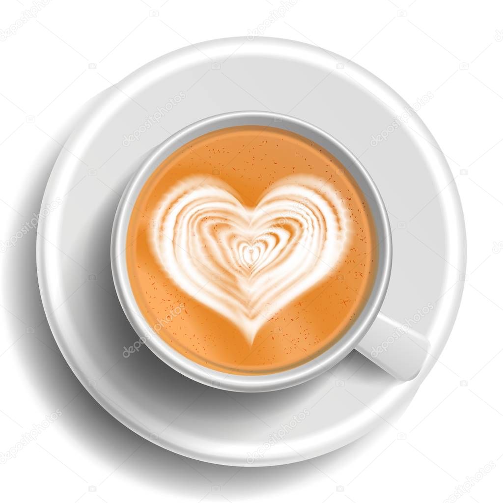 Coffee Art Vector. Cup Top View. Hot Cappuccino Coffee. White Mug. Realistic Illustration