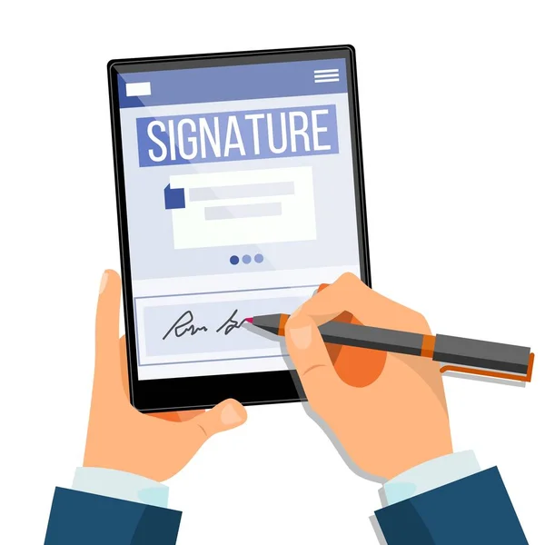 Elektronisk signatur tablett vektor. Elektroniska dokument, kontrakt. Digital signatur. Isolerad platta Illustration — Stock vektor