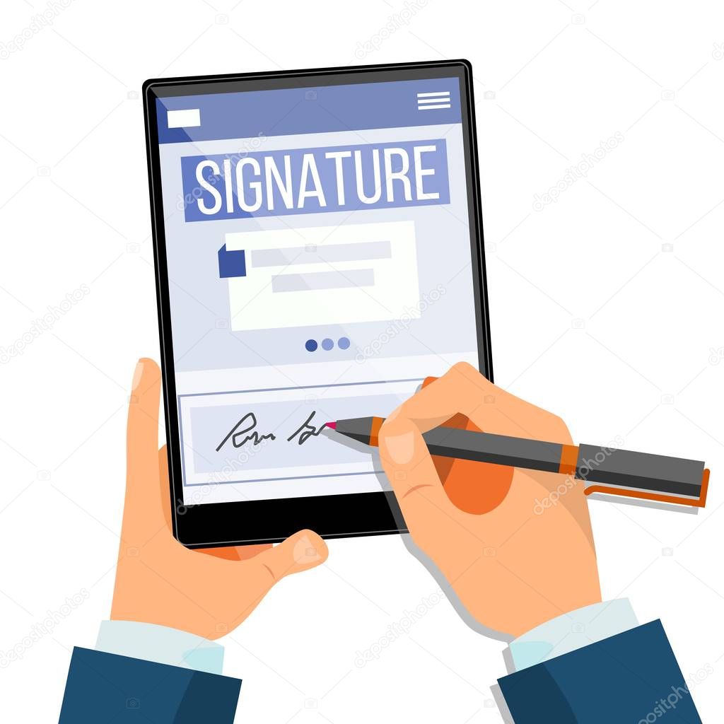 Electronic Signature Tablet Vector. Electronic Document, Contract. Digital Signature. Isolated Flat Illustration
