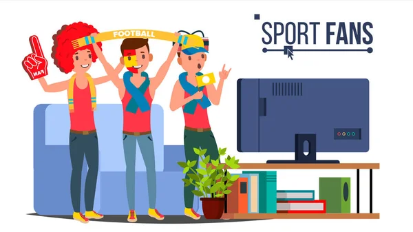 Sport Fans groep Vector. Kenmerken van de ventilator. Tv kijken op Bank. Geïsoleerd plat Cartoon afbeelding — Stockvector