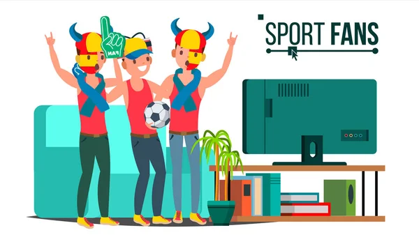 Sport Fans Group Vector (em inglês). Um televisor. Apoio a Jogos Esportivos. Ilustração plana isolada dos desenhos animados — Vetor de Stock