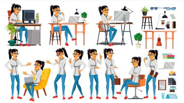 İş kadın karakter vektör. Çalışma Asya insanlar kız kümesi. Office, yaratıcı stüdyo. Asyalı. İş durumu. Yazılım geliştirme. Programcı. Pozlar, duygular. Çizgi film karakteri illüstrasyon
