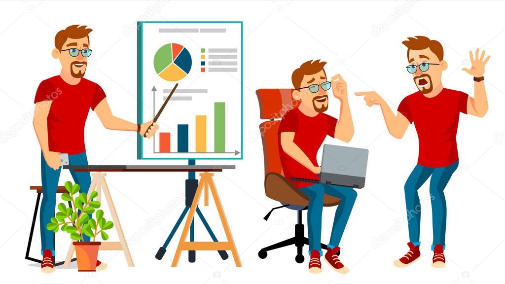 Business Man Character Vector. Working Man. Bearded. Environment Process Creative Studio. Male Worker. Full Length. Designer, Manager. Poses, Face Emotions, Gestures. Cartoon Business Illustration