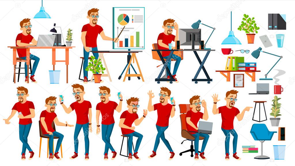 Business Man Character Vector. Working People Set. Office, Creative Studio. Bearded. Worker. Full Length. Programmer, Designer, Manager. Poses, Face Emotions. Cartoon Business Character Illustration