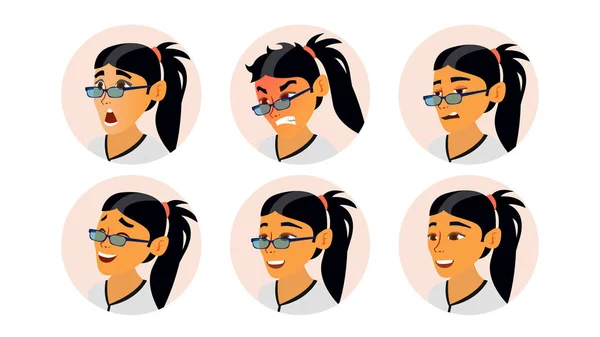 Asian Woman Vector Avatar. Azjatycki dama twarzy, zestaw emocji. Charakter ludzi biznesu. Ilustracja kreskówka — Wektor stockowy