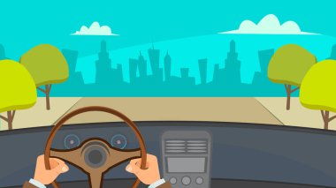 El araba vektör sürüş. Şehir trafik Jam kentsel arka plan. Düz illüstrasyon