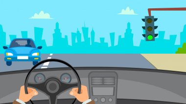 El araba vektör sürüş. Adam Eller direksiyona. Araba iç. Düz illüstrasyon