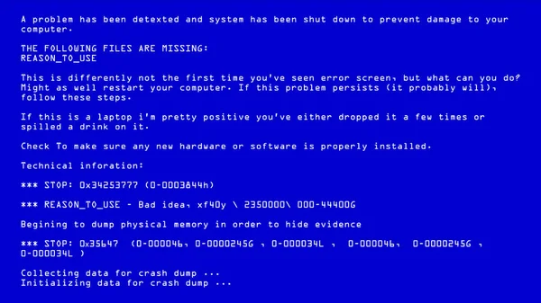 Pantalla azul del vector de la muerte. BSOD. Fatal Death Computer Error. Informe de fallo del sistema. Ilustración — Vector de stock