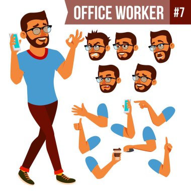 Office alt vektör. Duygular, çeşitli hareketler karşısında. Animasyon oluşturma küme. İş adam profesyonel kabin işçi, memur, memur. İzole karikatür karakter çizimi