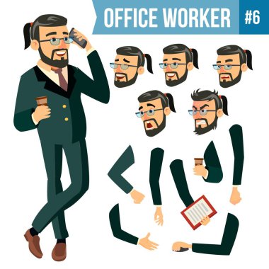 Office alt vektör. Duygular, çeşitli hareketler karşısında. Animasyon oluşturma küme. İşadamı işçisi. Mutlu iş. Ortak, memur, hizmetli, çalışan. Düz çizgi film illüstrasyon izole